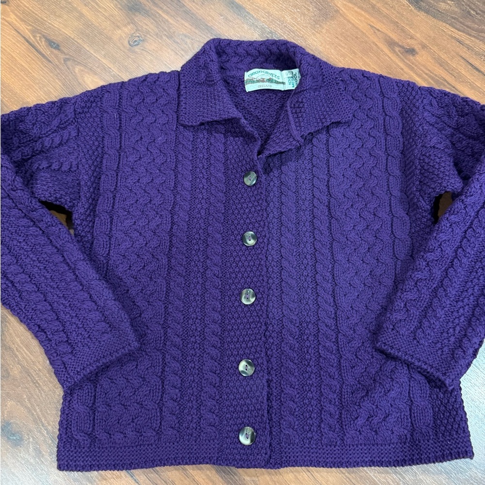 Aran Craft 100% Merino Wool Cardigan Purple Women’s Small Made In Ireland - Picture 1 of 7